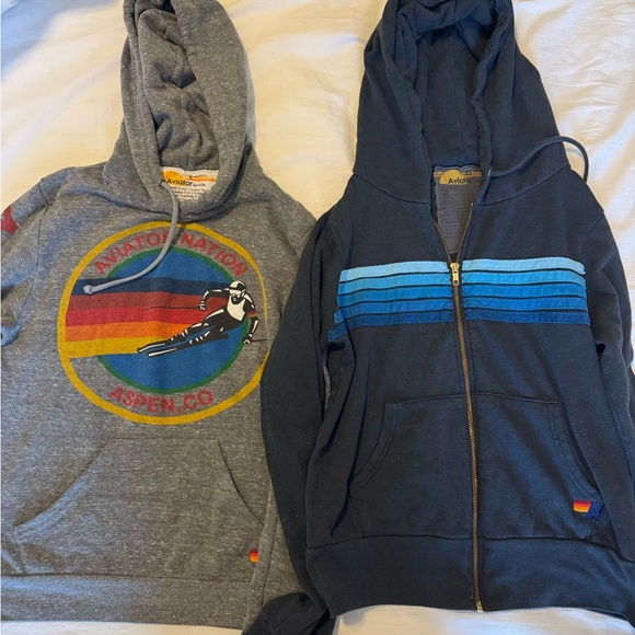 Aviator Nation Gray and Blue Sweaters with Graphic and Stripe Design - Picture 1 of 4
